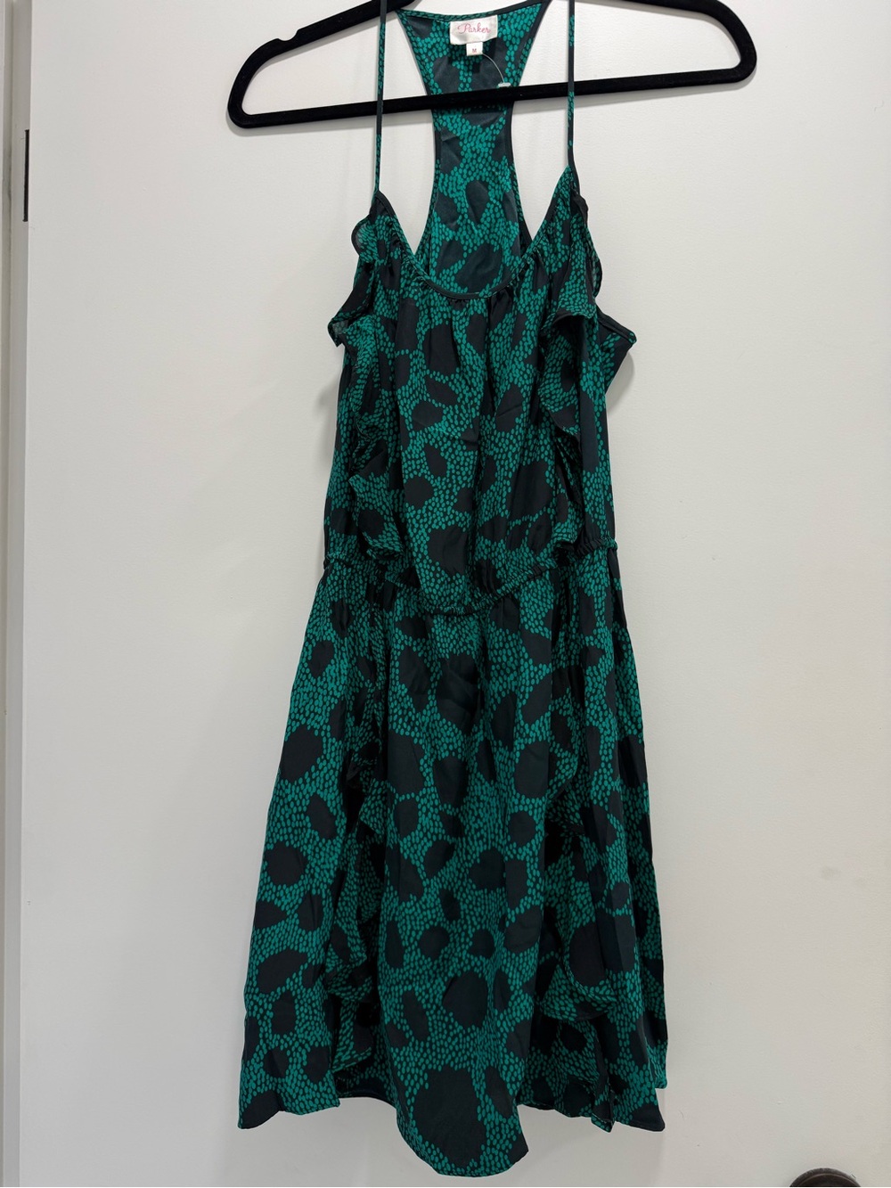 Parker Teal & Black One-Shoulder Ruffle Dress